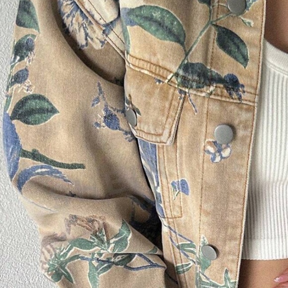Boho Floral Print Button Down Denim Jean Jacket Shacket - Picture 4 of 10